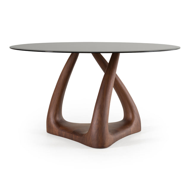 Christy - Mid-Century Modern Grey Glass + Walnut Round Dining Table - View Image 1