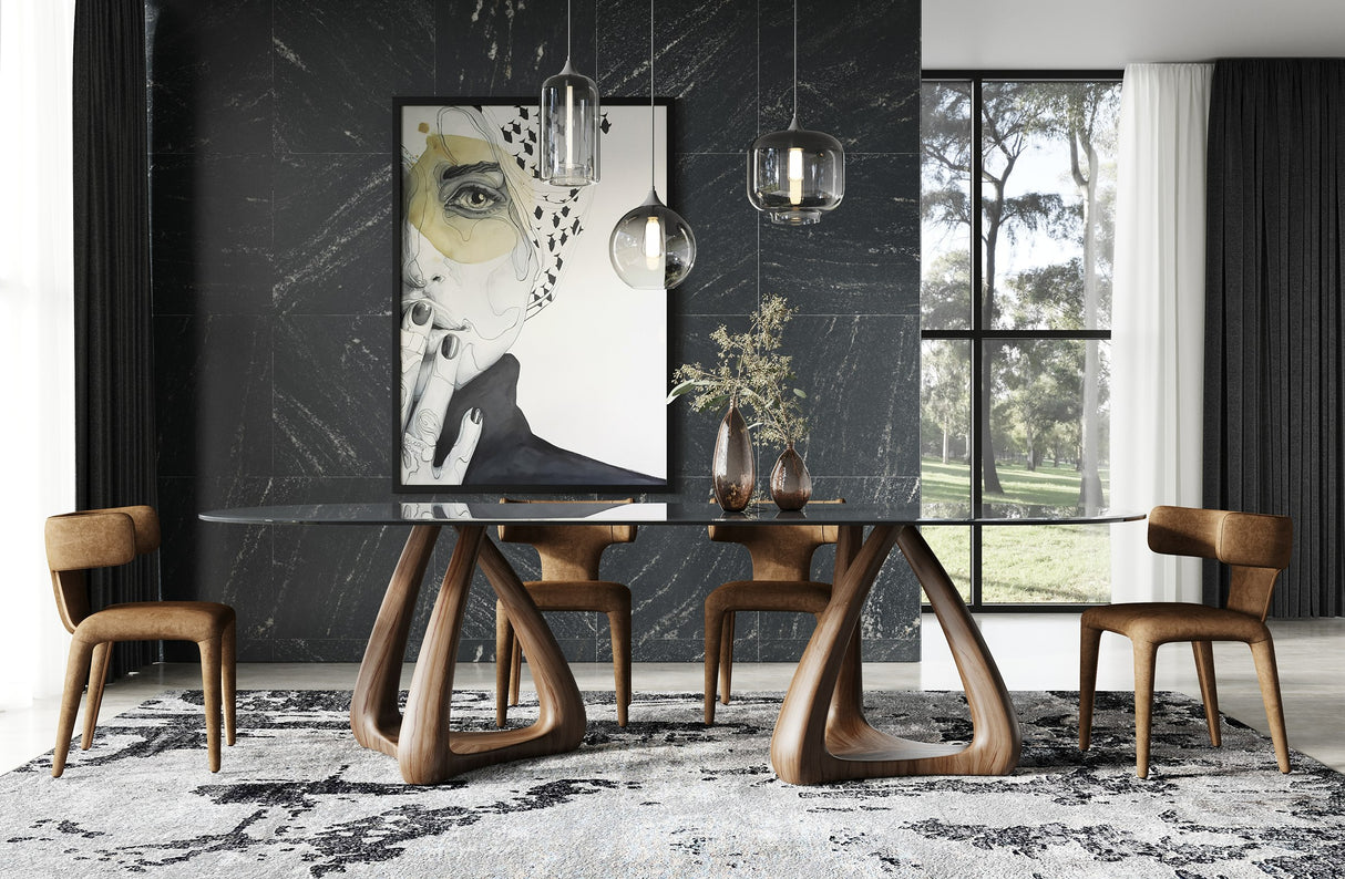 Christy - Mid-Century Modern Grey Glass + Walnut Oval Dining Table - View Image 1