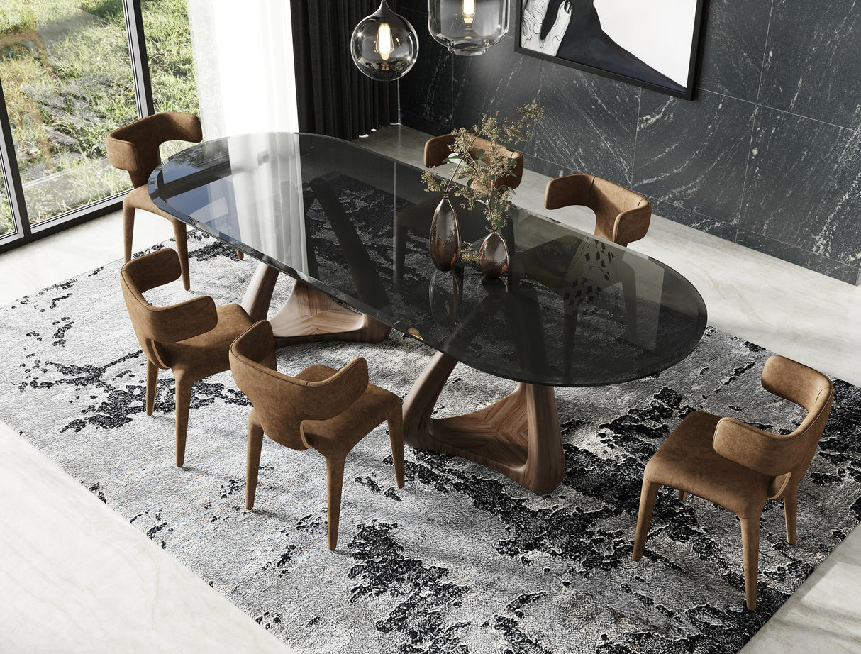 Christy - Mid-Century Modern Grey Glass + Walnut Oval Dining Table - View Image 1