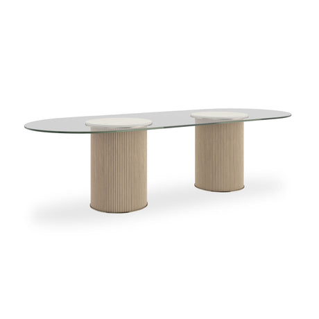 Rhythm Oval Glass Top Dining Table with Sun Drenched Oak Base – Caracole