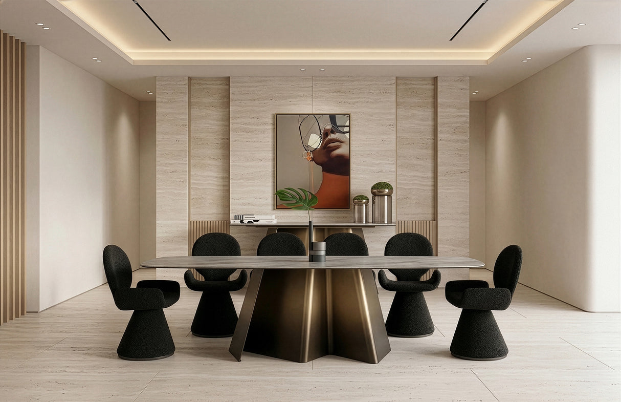 Clifford - Contemporary White Ceramic + Brushed Bronze Dining Table - View Image 1