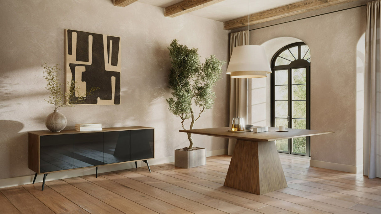 Modrest Cora- Modern Walnut and Black Tempered Glass Dining Table