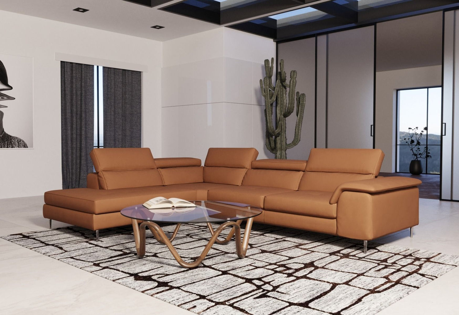 Lamod Italia Viola - Italian Contemporary Cognac Leather Left Facing Sectional Sofa - Home Elegance USA