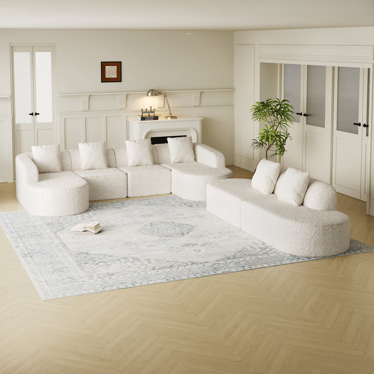 111.8-inch L-shaped curved modular sofa, modern design featuring lychee-textured long-pile polyester fabric, curved backrest with three pillows