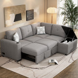 83.8" Reversible Sectional Pull - Out Sofa Bed L - Shaped Corner Sofa Couch with Storage Chaise, USB Ports, Power Sockets, Cup Holder for Living Room, Bedroom, Study,Light Gray | Home Elegance USA