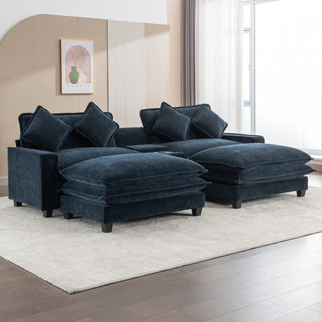 Contemporary Chenille Upholstered Sectional Sofa with Ottomans, USB Ports, Cup Holders & Storage, Blue - sold by Home Elegance USA