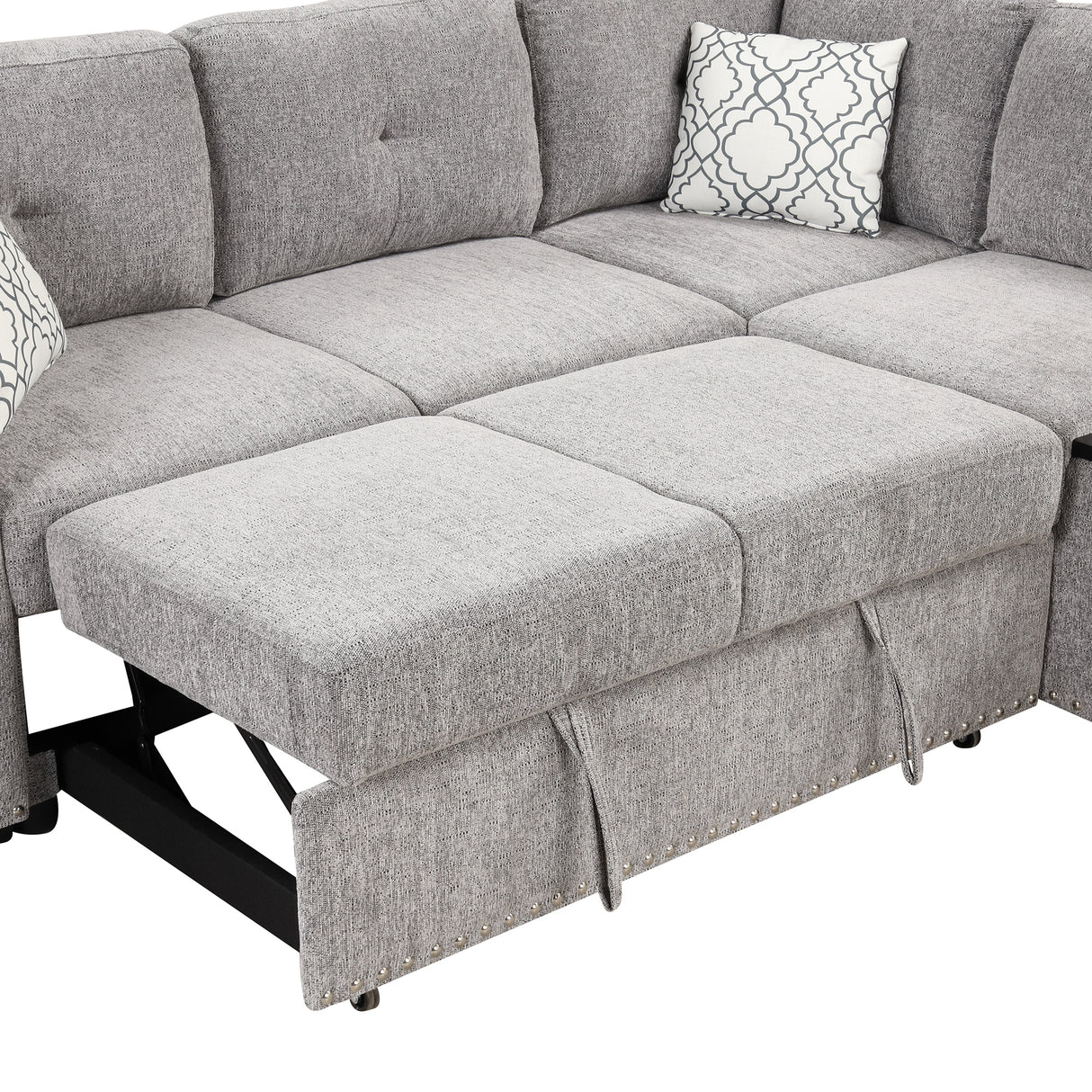 83.8" Reversible Sectional Pull - Out Sofa Bed L - Shaped Corner Sofa Couch with Storage Chaise, USB Ports, Power Sockets, Cup Holder for Living Room, Bedroom, Study,Light Gray | Home Elegance USA