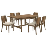 Graham Walnut 7-Piece Rectangular Dining Table Set with Modern Casual Style, Walnut Finish, Beige Upholstered Chairs, Wood Construction