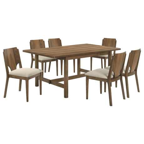 Graham Walnut 7-Piece Rectangular Dining Table Set with Modern Casual Style, Walnut Finish, Beige Upholstered Chairs, Wood Construction