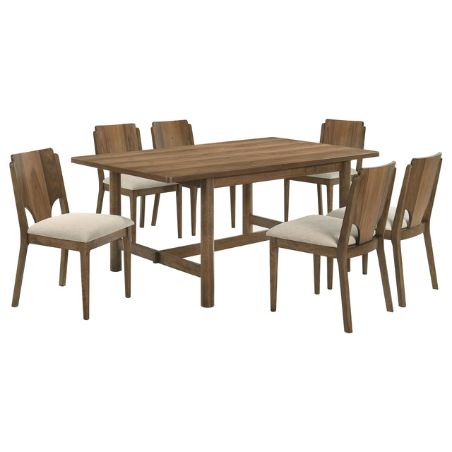 Graham Walnut 7-Piece Rectangular Dining Table Set with Modern Casual Style, Walnut Finish, Beige Upholstered Chairs, Wood Construction