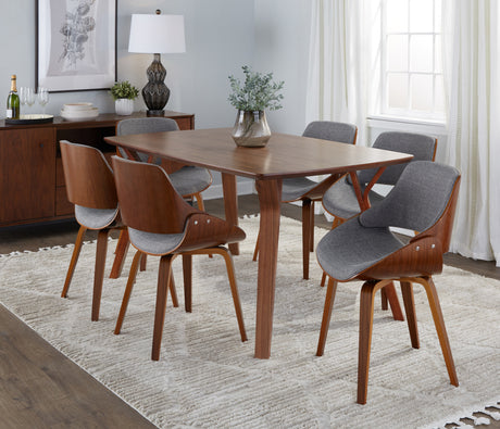 Folia Fabrizzi Mid-Century Modern Dining Set in Walnut Wood and Grey Fabric by LumiSource - 7 Piece - sold by Home Elegance USA