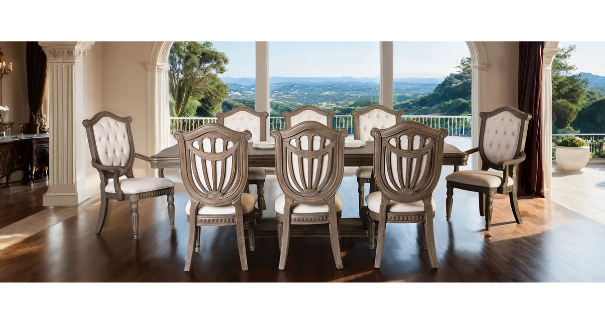 Vintage Luxury Dining Room Furniture Weathered Oak 9pc Set Dining Table 6x Side Chairs 2x Arm Chairs Beige Tufted back Chair Pedestal Base Table