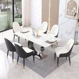 71 - Inch Stone DiningTable with Carrara White color and Round special shape carbon steel Pedestal Base with 6PCS Chairs | Home Elegance USA