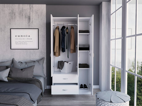 Bosko 3 Doors Armoire, Two Drawers, Metal Rod, White -Bedroom - sold by Home Elegance USA