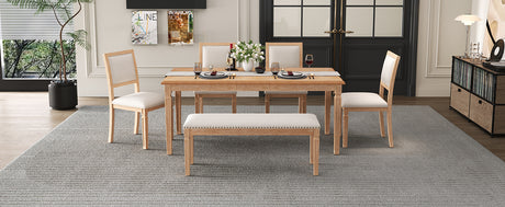TREXM Vintage Extendable Dining Table Set for 6 with 4 Chairs & Bench, 59 to 72-Inch Rustic Farmhouse Kitchen Table Set with Distressed Finish and Retro Carved Legs (Natural Wood Wash) - sold by Home Elegance USA