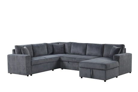 Ruxley 123'W Gray Corduroy Sleeper Sectional Sofa with Right-Facing Storage Chaise and Throw Pillows - sold by Home Elegance USA