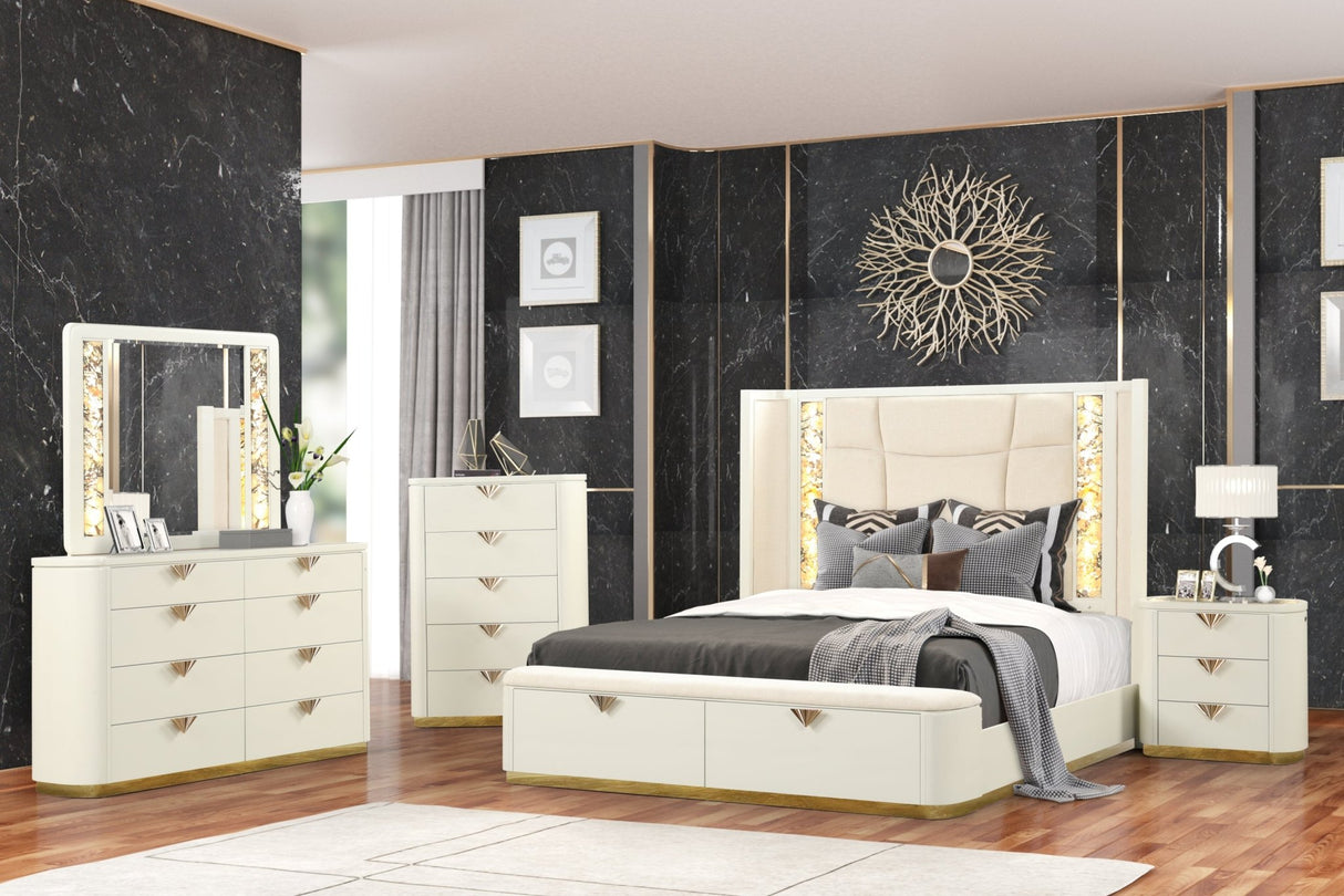 La Pierre Modern Style 5 Pc Queen Upholstered Bedroom Set Made with Wood and Gold Accents in Beige