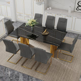 Table and chair set.The table has a glass tabletop with imitation marble pattern stickers and stainless steel golden legs. Paried with 8 comfortable chairs with PU seats and metal legs.W1151S01516