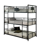 Twin Over Twin Over Twin Bunk Bed Industrial Style Metal Structure Attached Dual Ladder Upper Guard Rails Pipe Framework Antique Black Finish - sold by Home Elegance USA