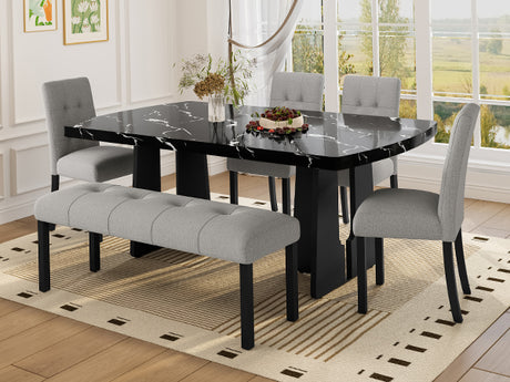 6 Piece Modern Dining Table Set, 63' Faux Marble Dining Table with Geometric Legs & 4 Upholstered Chairs & 1 Bench, Suitable for Dining Kitchen Room,Easy to Assemble, Black + Gray - sold by Home Elegance USA