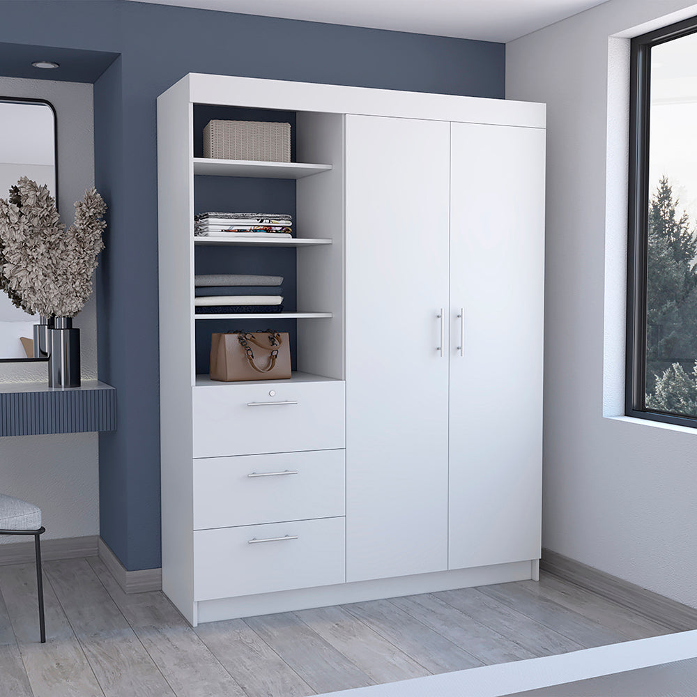 Kenya 3 Drawers Armoire, Double Door, 3-Tier Shelf -White - sold by Home Elegance USA