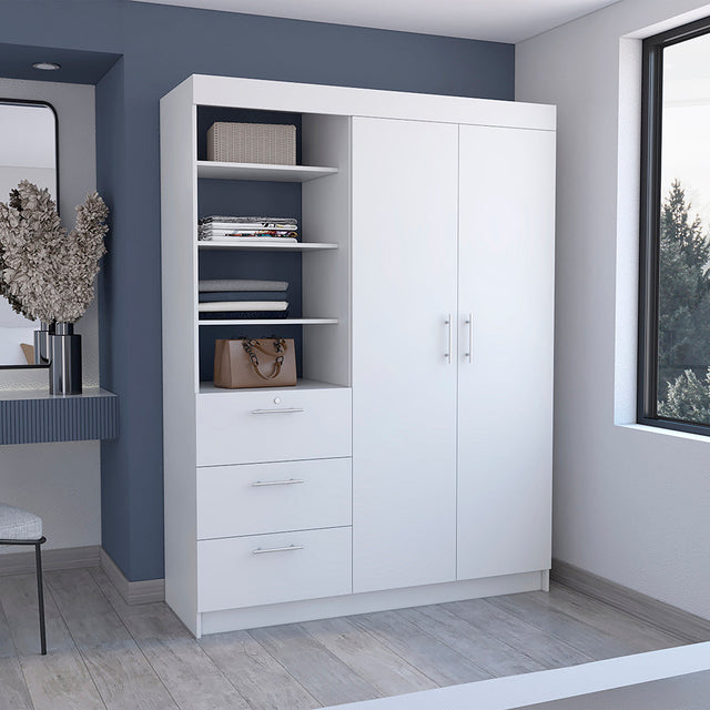 Kenya 3 Drawers Armoire, Double Door, 3-Tier Shelf -White - sold by Home Elegance USA