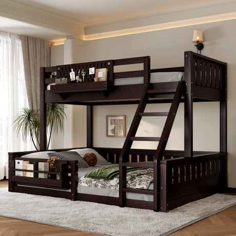 Twin XL over Queen Bunk Bed with Ladder and Guardrails, Pegboard and bookshelf,Espresso