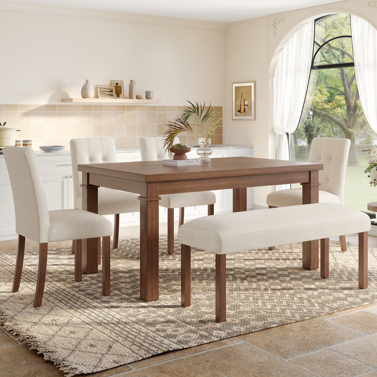 Juego de comedor moderno de 6 piezas, mesa de cocina rectangular con 4 sillas tapizadas y banco, ideal para comedor y sala de estar (fácil montaje, ahorra espacio).
