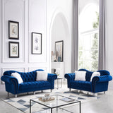 3 Piece Living Room Sofa Set, including 3 - Seater Sofa, Loveseat and Sofa Chair, with Button and Copper Nail on Arms and Back, Five White Villose Pillow, Blue. | Home Elegance USA