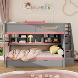Full Over Full Bunk Bed with Twin Size Trundle and Staircase, Shelves, LED,Gray - sold by Home Elegance USA
