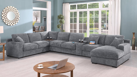 Celine 141.5' Light Gray Chenille Fabric Corner Sectional Sofa with Right-Facing Chaise, Cupholders, and Charging Ports - sold by Home Elegance USA