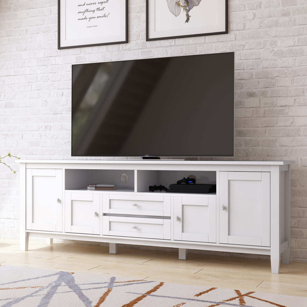 Warm Shaker 72 inch Wide Solid Wood TV Stand in White For TVs up to 80 inches