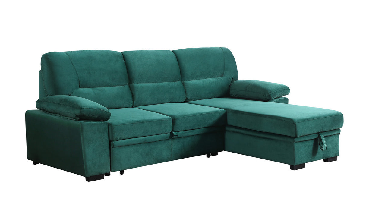 Kipling Green Velvet Fabric Reversible Sleeper Sectional Sofa Chaise - Home Elegance USA