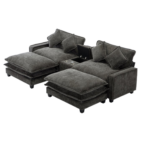 Modern Chenille Upholstered Sectional Sofa with Ottomans, USB Ports, Cup Holders, and Storage in Grey - sold by Home Elegance USA
