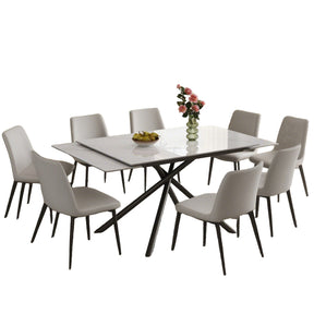 Modern Retractable Sintered Stone Dining Table Set with Black Carbon Steel Legs, Includes 8 Chairs - sold by Home Elegance USA