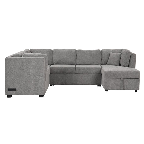 U-shaped Sectional Sofa Pull out Sofa Bed with USB Ports, Power Sockets, Storage Chaise, Light Gray Chenille, 108.6' - sold by Home Elegance USA