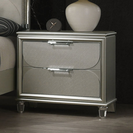 Contemporary Silver 1pc Nightstand Acrylic Handles Embossed Panels English Dovetails 2-Drawers Bedside Table