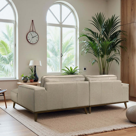 Kerrville Beige Leather Right Sectional Sofa with Chaise - Mid-Century Modern Style, Genuine Top Grain Leather, Walnut-Finished Wood Legs - sold by Home Elegance USA