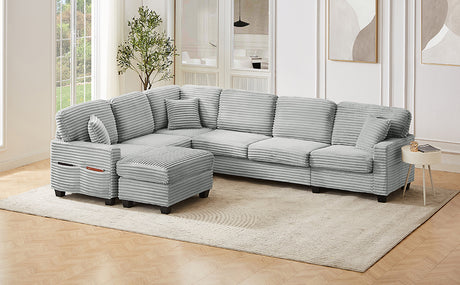 Modern U-shaped Sectional Sofa with Movable Ottoman and Side Storage Pockets, Grey Corduroy, 125.2' - sold by Home Elegance USA
