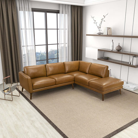 Mid-In Mod Benson Tan Leather Sectional Sofa with Right Facing Chaise - Mid-Century Modern Design - sold by Home Elegance USA
