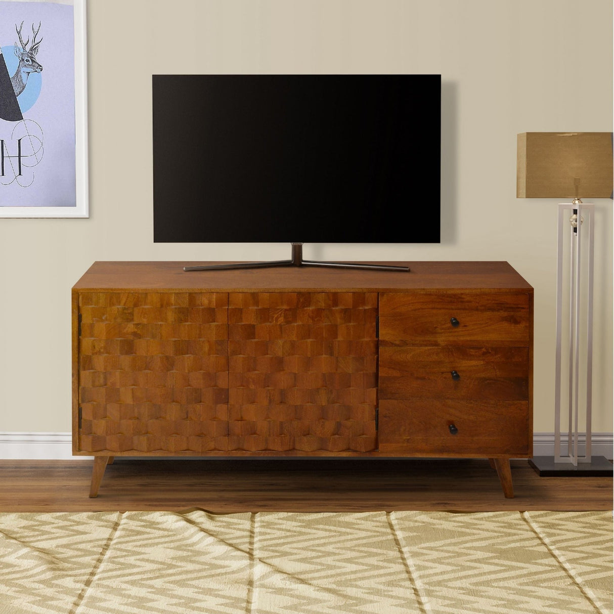 2 Door Wooden TV Console with 3 Drawers and Honeycomb Design, Walnut Brown Home Elegance USA