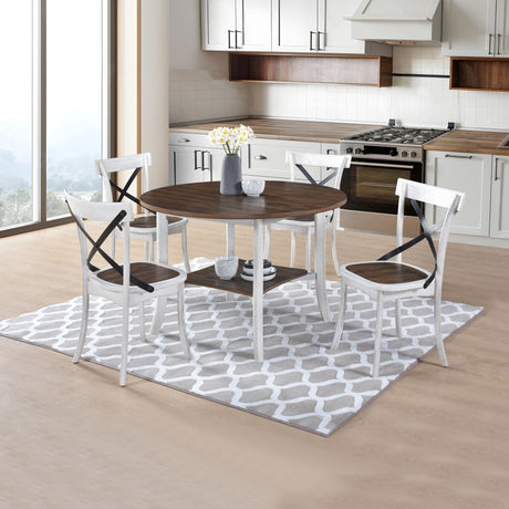 WOODHOMER 5-Piece Round Dining Set, 1 Table with 4 X-Back Chairs, Two-Tone Antique White & Walnut Finish, Space-Saving Kitchen & Dining Furniture - sold by Home Elegance USA