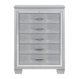 Glamourous Silver Finish 1pc Chest of 5x Dovetail Drawers Faux Alligator Embossed Fronts Bedroom Furniture