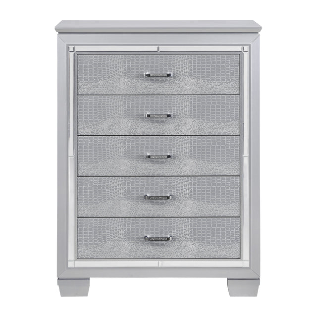 Glamourous Silver Finish 1pc Chest of 5x Dovetail Drawers Faux Alligator Embossed Fronts Bedroom Furniture