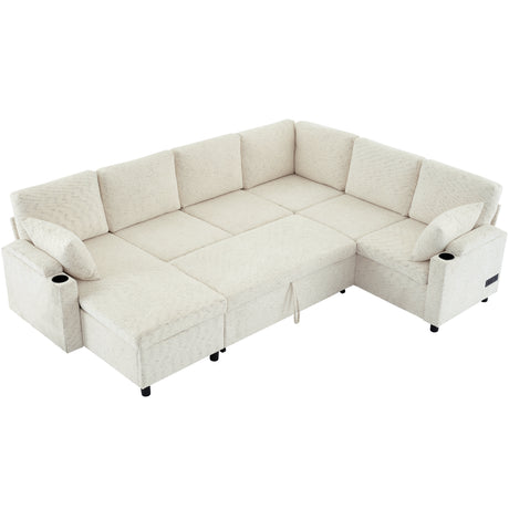 Convertible U-Shaped Sofa Bed with Storage, Cup Holders and Charging Ports, Beige Chenille, 109.9' - sold by Home Elegance USA