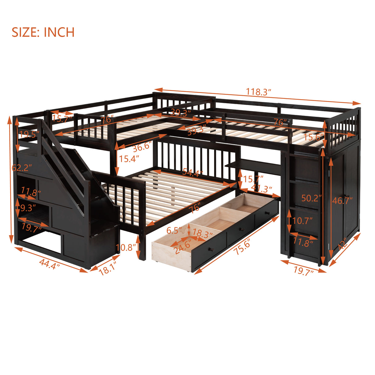 Twin-Twin over Full L-Shaped Bunk Bed With 3 Drawers, Portable Desk and Wardrobe, Espresso(OLD SKU:LT100542AAP) - sold by Home Elegance USA