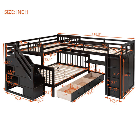 Twin-Twin over Full L-Shaped Bunk Bed With 3 Drawers, Portable Desk and Wardrobe, Espresso(OLD SKU:LT100542AAP) - sold by Home Elegance USA