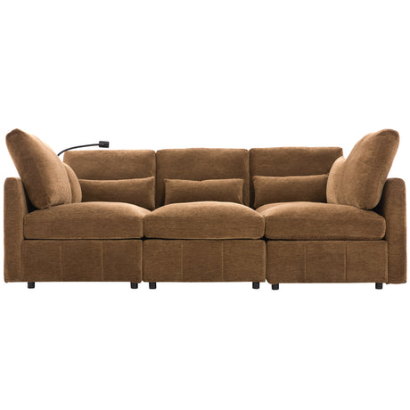 Modern Sectional Sofa Modular Sofa 85.4' U-shaped Sofa Couch with Movable Ottoman, USB Ports, Phone Holder, Brown Chenille - sold by Home Elegance USA