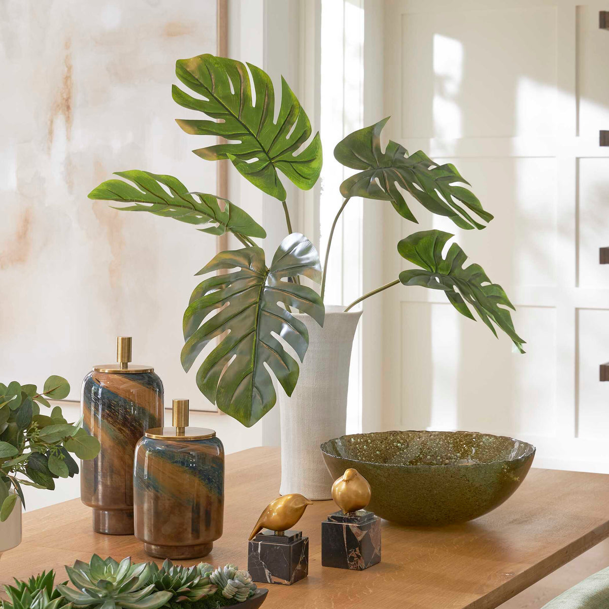Muse Monstera Vase Centerpiece - Green / White by Uttermost - View 2