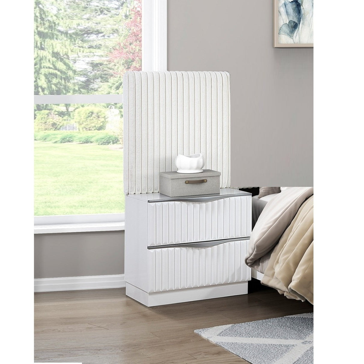 Luxurious Pearl White Finish Two Drawers Nightstand with Wall Panel Upholstery Sleek Handles Glam Bedroom Furniture 1pc Bedside Cabinet